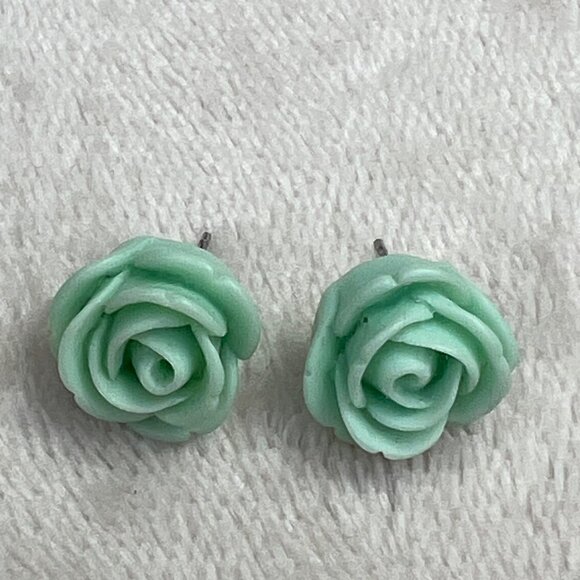 Rosebud Rose Flower Earrings Seafoam Mint Green Teal Studs Small Floral - Picture 4 of 5